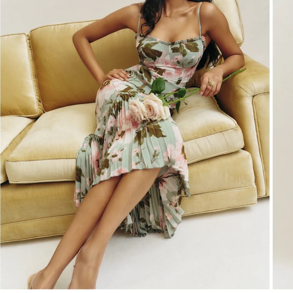 Reformation Floral Midi Dress in Pink and Green, Aiko Dress